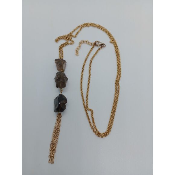 Vintage Raw Smoky Quartz Nuggets Tassel Pendant Gold Tone 30-32" Chain Necklace - Picture 2 of 7